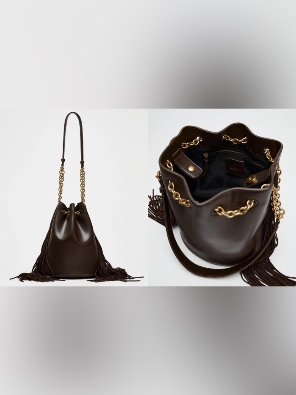 Zara Dark Brown Cow Leather Bucket Bag with Gold Chain Accents